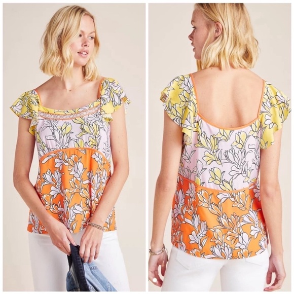 FARM Rio Tops - Farm Rio Tia Flutter Sleeved Blouse Floral Yellow Pink